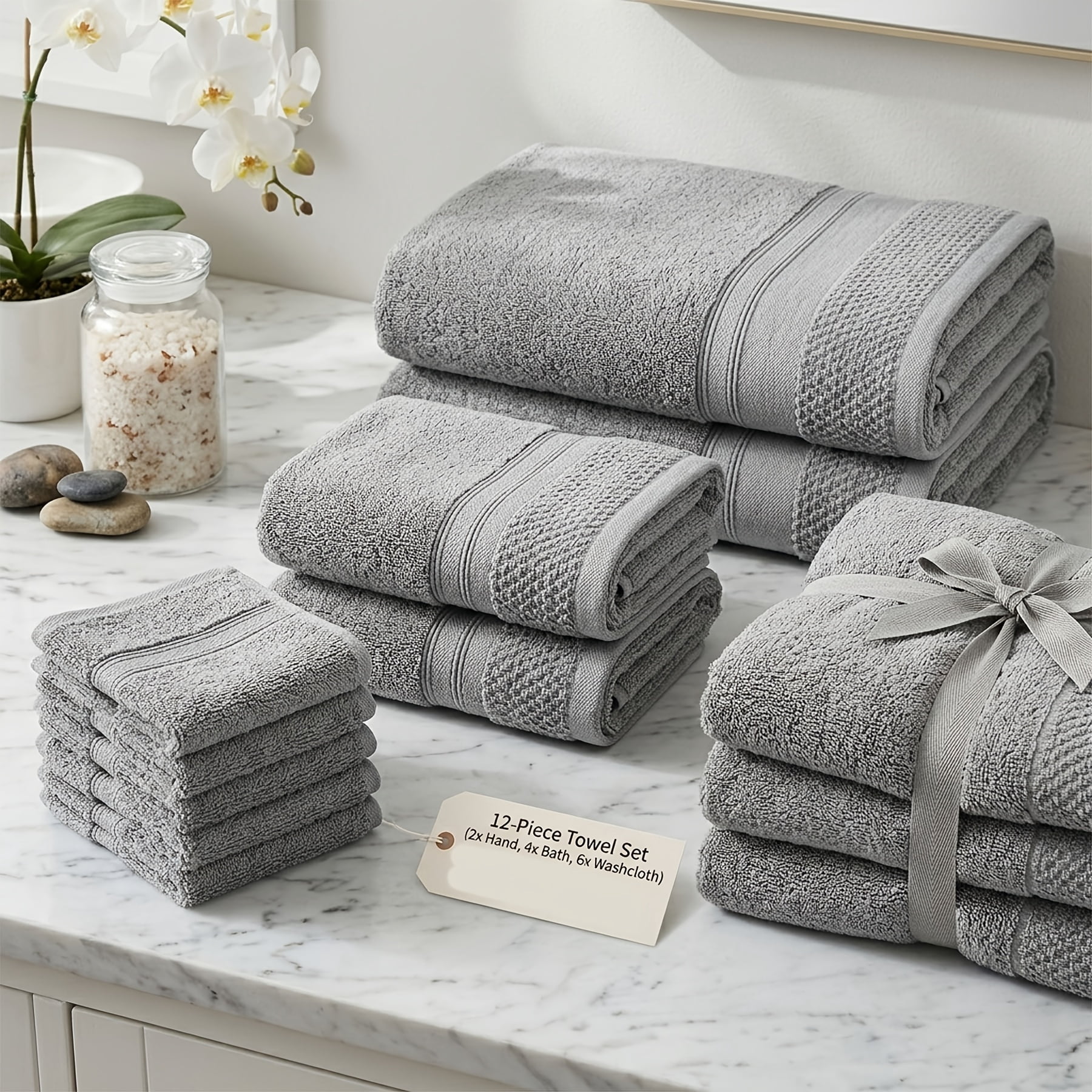 Set Of 12 Luxurious Cotton Towels Set, Ultra Soft & Highly Absorbent Premium Towels, Includes 4 Bath Towels, 2 Hand Towels & 6 Washcloths, Luxury Hotel Quality Shower Towels for Family & Guest Room.