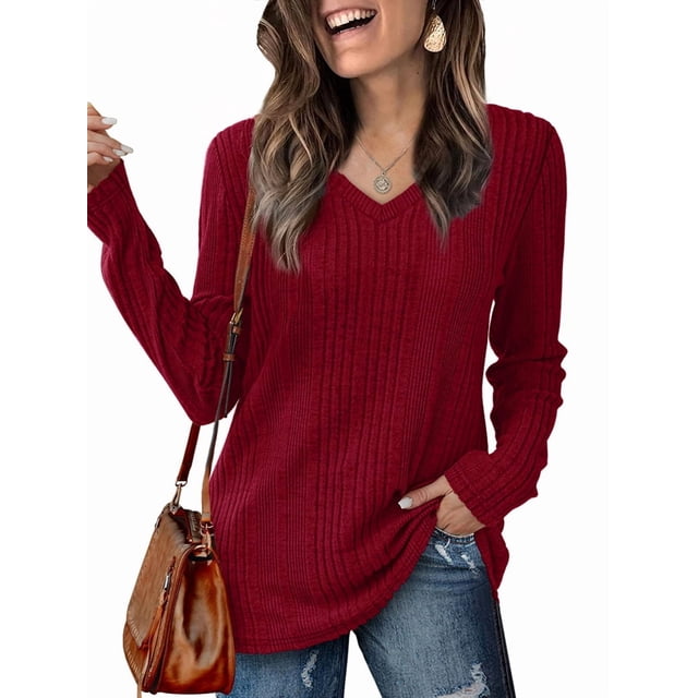 Blusas de Larga para Mujer, Camisetas con Cuello en V, Suéteres Tipo Túnica Ligeros, Moda Rojo XL