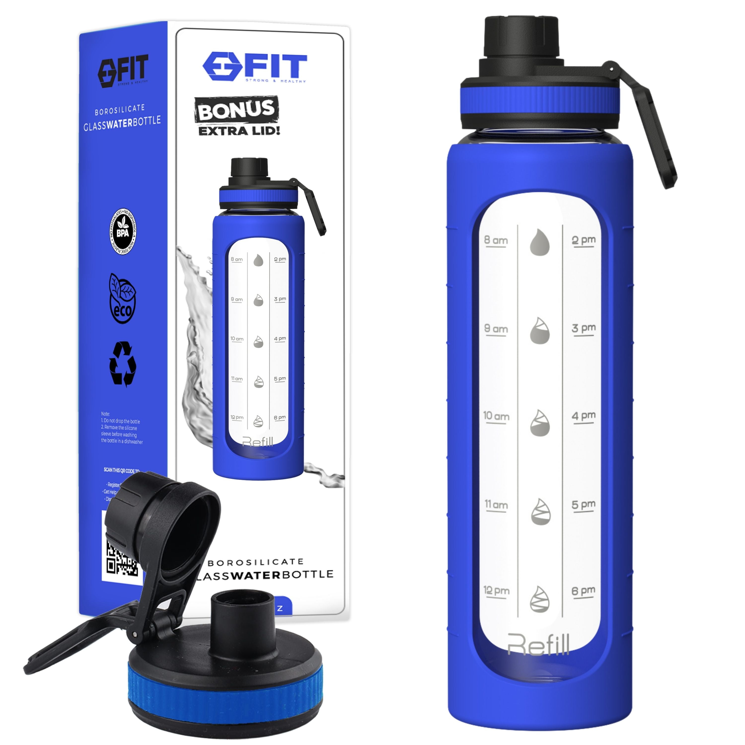 32 oz Glass Water Bottle with Times To Drink (Royal Blue) with Silicone Sleeve, Wide Mouth, and EXTRA LID
