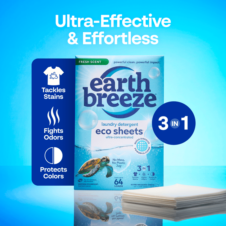 Earth Breeze Laundry Detergent Sheets, Fresh Scent Eco Sheets, 32 Count, 64 Loads