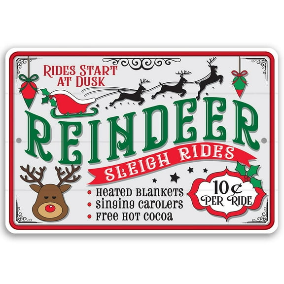 Metal Sign - Reindeer Sleigh Rides Sign - Durable - Use Indoor/Outdoor - Makes a Great Christmas Themed Park Decor and Gift Under $25 (12" x 18")