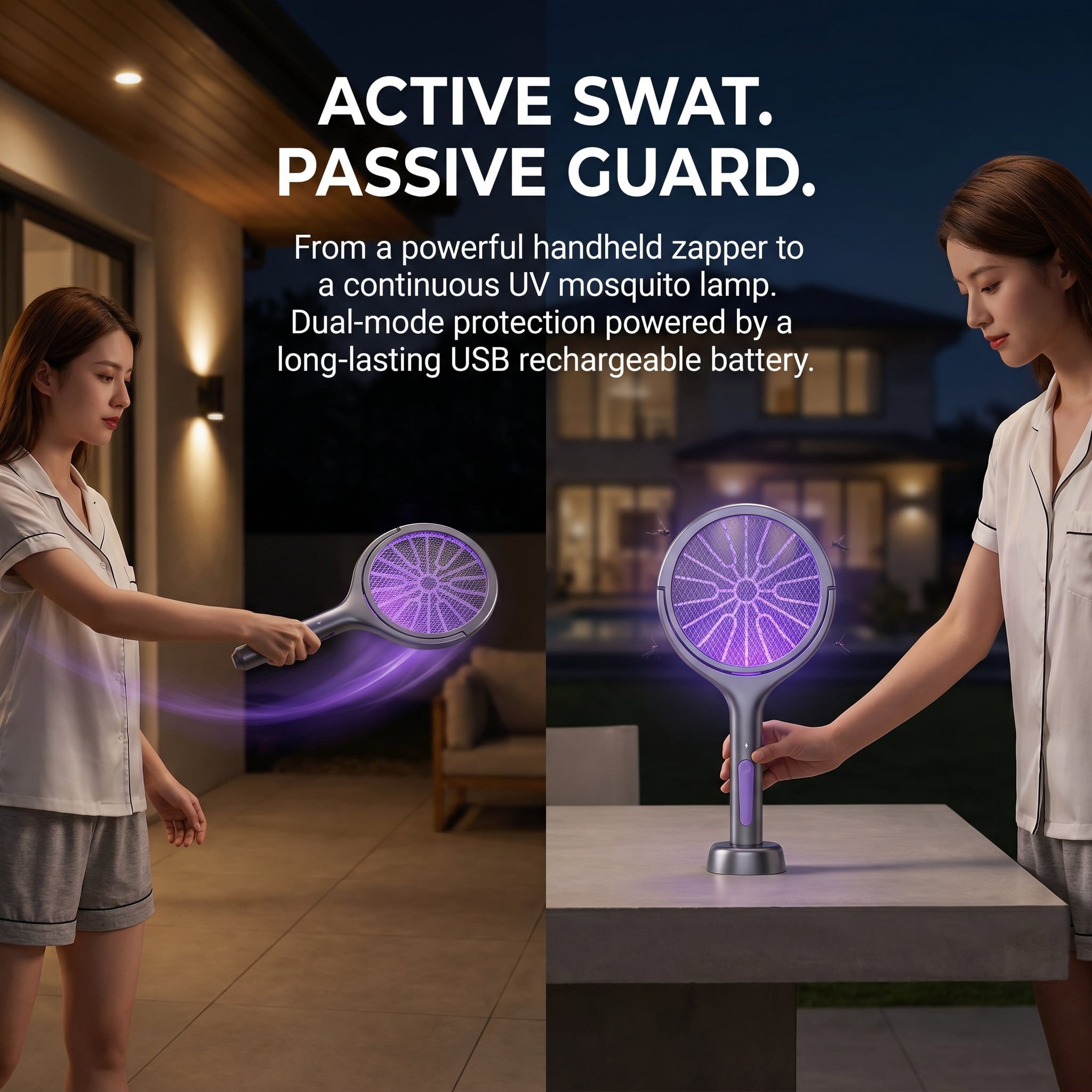 Rechargeable Electric Fly Swatter with Extendable Handle, 2-in-1 Electric Mosquito Swatter Bug Zapper, Portable Insect Killer for Home Garden Outdoor