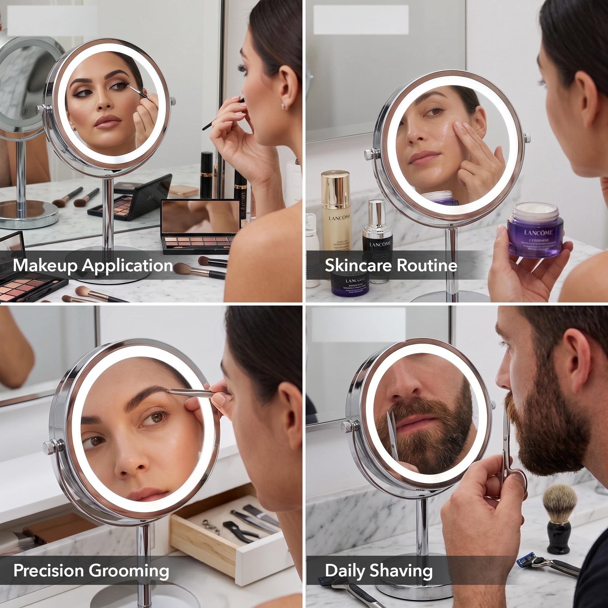OVENTE 6" Lighted Makeup Mirror with 1X/7X Magnification, Cordless Tabletop Mount Vanity Round Mirror with 360° Swivel Design and Double Sided Cool Tone LED Ring Light, Polished Chrome MLT60CH1X7X