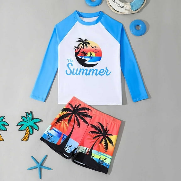Boys Bathing Suit Kids Toddler Boys Hawaiian Style Long Sleeve Quick Dry Swimsuit Set with Palm Tree Sunset Print Upf 50 Toddler Swimsuit Blue 7 Years-8 Years