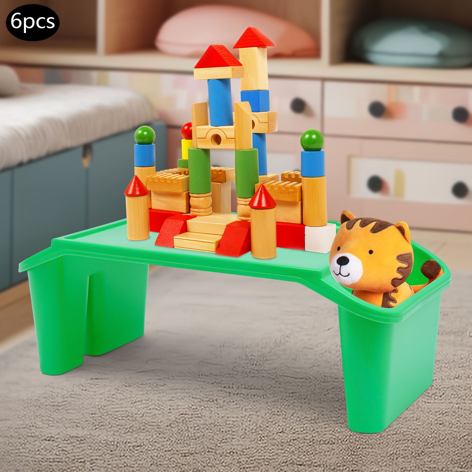 6 Pcs Green Color Kids Lap Desk Tray, Rectangle Shape Plastic Breakfast Laptop Trays with Side Pockets, Portable Lap Bed Table