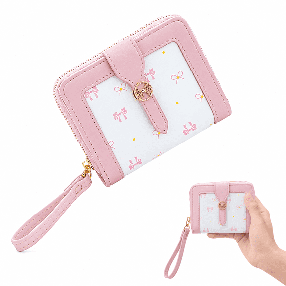 Mini Wallet, Pink Wallet, Girls Wallet, Small Wallet for Women, Cute Wallet, Bow Pattern Zipper Short Purse with Wrist Strap for Cards and Cash
