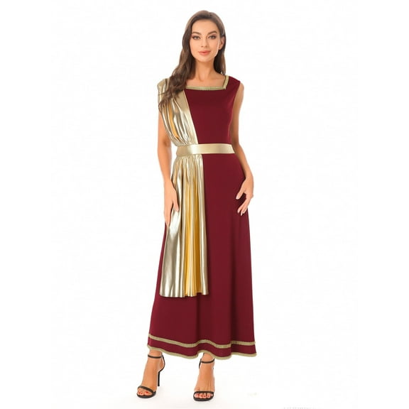 Aislor Women's Ancient Greek Roman Toga Dress with Gold Trim Shiny Metallic Overlay for Halloween Cosplay Burgundy M