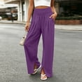 thumbnail image 2 of Wide Leg Linen Pants Women High Waisted Boho Beach Flowy Pants Pleated Casual Vacation Outfits Elastic Trousers Split Hem, 2 of 9