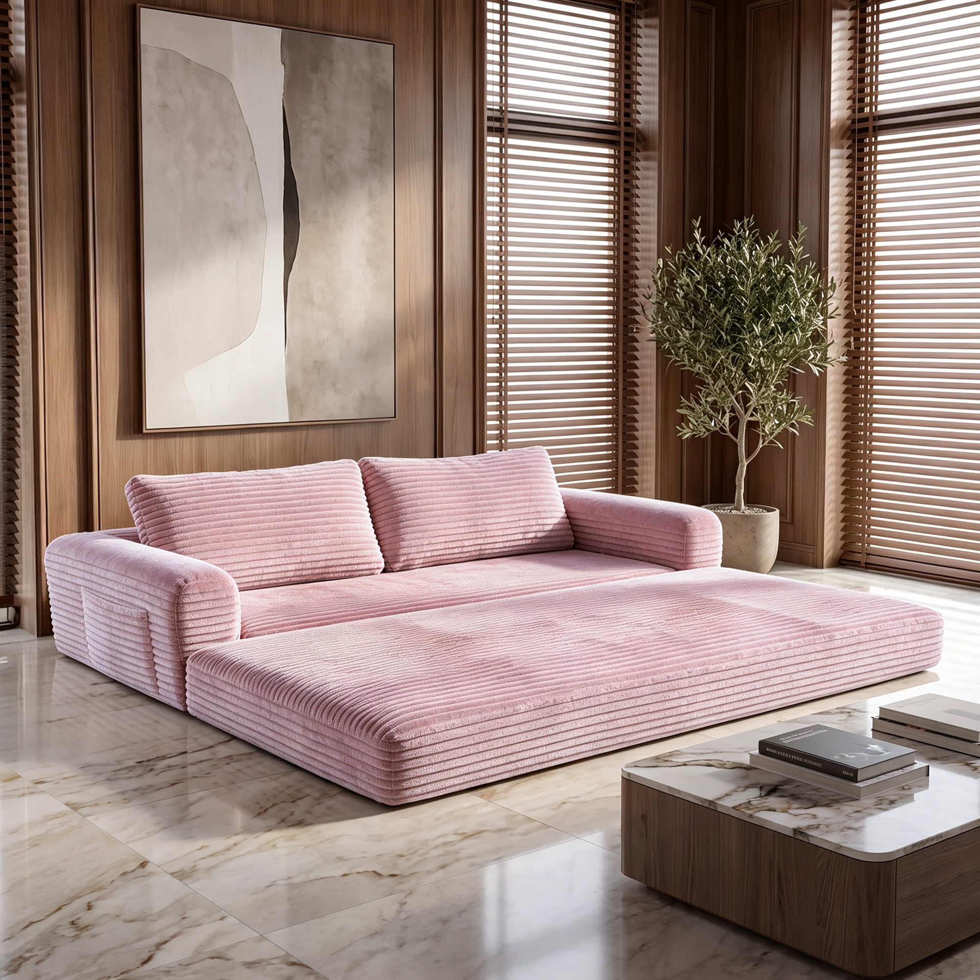 76" Convertible Futon Sofa Bed,Folding Boneless Floor Couch with Deep Seat,Cloud Corduroy Fold Out Sleeper Sofa with Memory Foam Cushion for Living Room,Bedroom,Pink