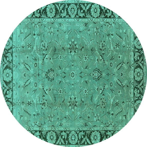 Ahgly Company Machine Washable Indoor Round Oriental Turquoise Blue Traditional Area Rugs, 6' Round