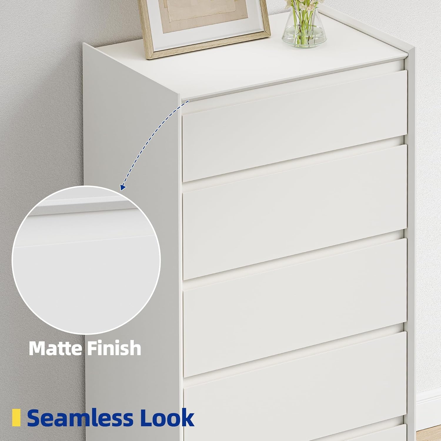 White Tall Dresser, 5 Drawer Dresser for Bedroom, Wood Chest of Drawers, Modern Storage Cabinet for Living Room
