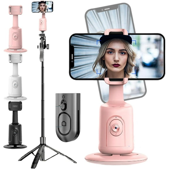 Hassignment Smart AI Facial Recognition Phone Tripod, Auto Face Tracking Tripods 360 Rotation with Stand, No App, Rechargeable Camera Stand with Remote and Gesture Control (Pink, with Tripod)