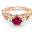 thumbnail image 2 of Gem Stone King 18K Rose Gold Plated Silver Red Created Ruby White Lab Grown Diamond and White Moissanite Engagement Ring for Women | 1.47 Cttw | Round 6MM and 3MM | Size 7, 2 of 4