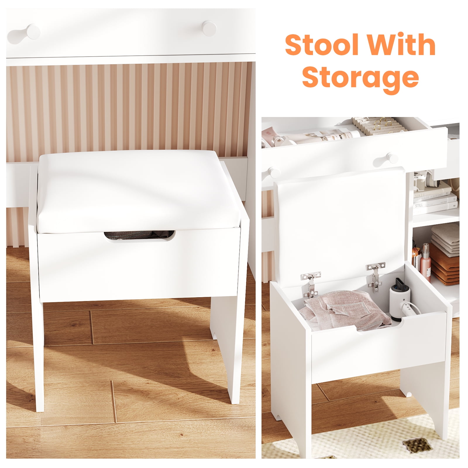 39.8" White Vanity Desk with Mirror and Lights, Modern Makeup Table with Charging Station and Storage