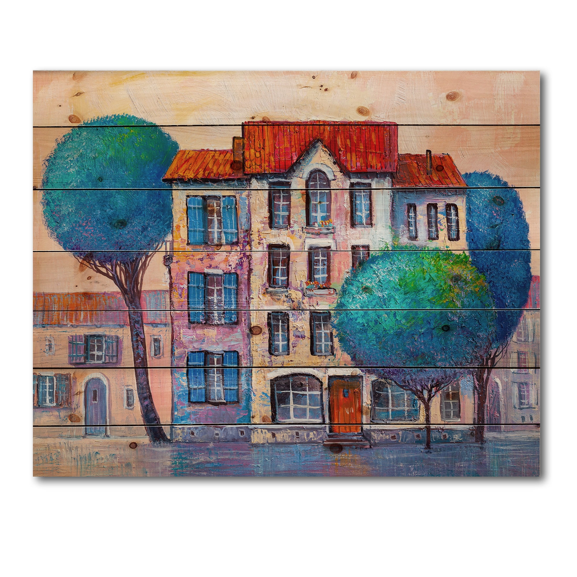 Designart 'Colorful Autumn Trees and A House With Red Roof' Modern Print on Natural Pine Wood