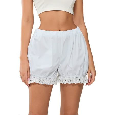 Musuos Women s White Bloomers Eyelet Embroidery Elastic Waist Ruffled Trim Bubble Lounge Shorts for Summer