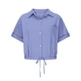 thumbnail image 4 of Ndbuld Cotton Linen Shirts for Women 2025 Summer Short Sleeve V Neck Button Down Tops Dressy Casual Oversized Tshirts Purple S, 4 of 7