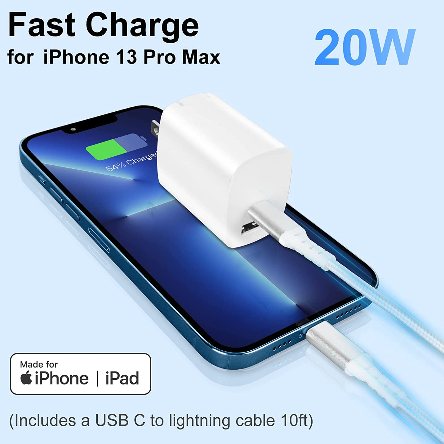 Chargeur mural rapide USB-C 20 W pour iPhone 11, iPhone 13/Pro/Max, iPhone  12/Pro/Max, iPad Air/Mini/Pro, prise et câble USB-C à Lightning de 1 m -  WINGOMART