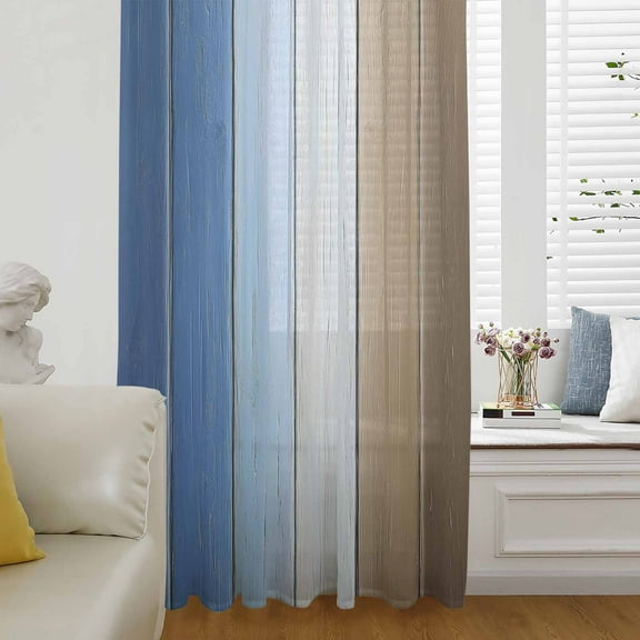 Blue Brown Semi Sheer Curtains Drapes for Living Room, Bedroom, French Doors Window 54 Inches Long, Gradient Wood Grain Farmhouse Country Rod Pocket Chiffon Curtain Drapery Voile Draperies Panel