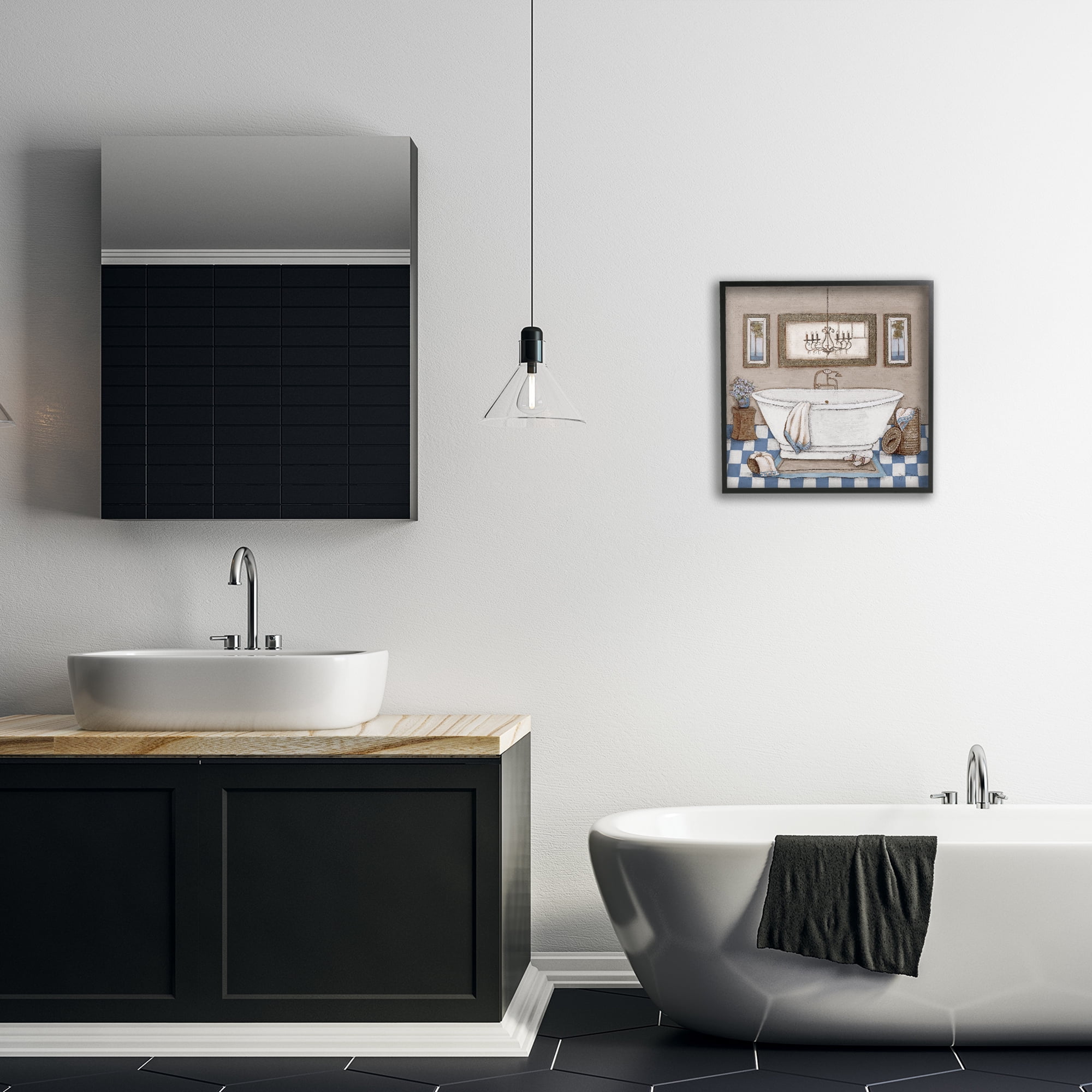 Stupell Industries Checkered Bathroom & Chandelier Black Framed Giclee Art, design by Janet Tava