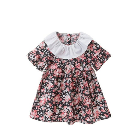 

GWAABD Pastel Dresses for Girls Black Cotton Children Kid Baby Girls Short Ruffled Sleeve Floral Princess Dress Outfits Clothes 130