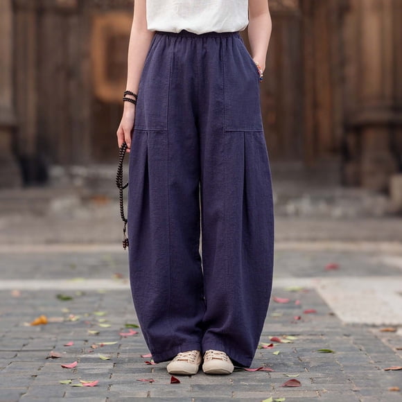Maqroz Womens Linen Pants Casual with Drawstring Cotton Baggy Pants Elastic Waist Vintage Wide Leg Harem Pants Lightweight Boho Loose Lantern Trousers with Pockets Navy XL