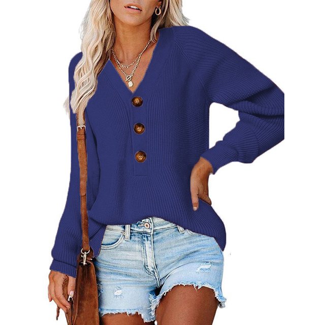 FOCUSNORM Pull Décontracté pour Femmes, Couleur Unie Manches Longues Col en V Tricoté