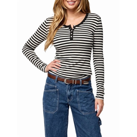 Women's Striped Henley Button Long Sleeve Fitted Top Black S