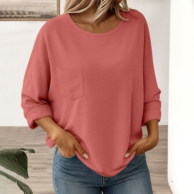 Ailaofu Hauts à Manches Longues pour Femmes, T-Shirts Décontractés avec Poche, Col Rond, Blouses Amples, Tuniques Habillées
