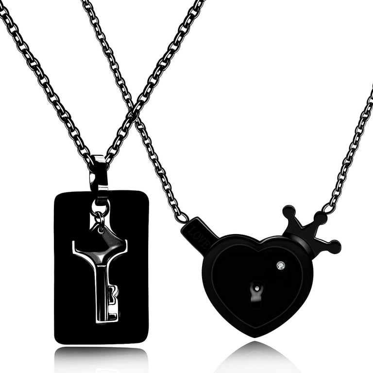 Uloveido Black Stainless Steel Key Lock Pendants Necklaces Jewelry Set for Him and Her with Zircon, Adult Unisex, Size: Adjustable