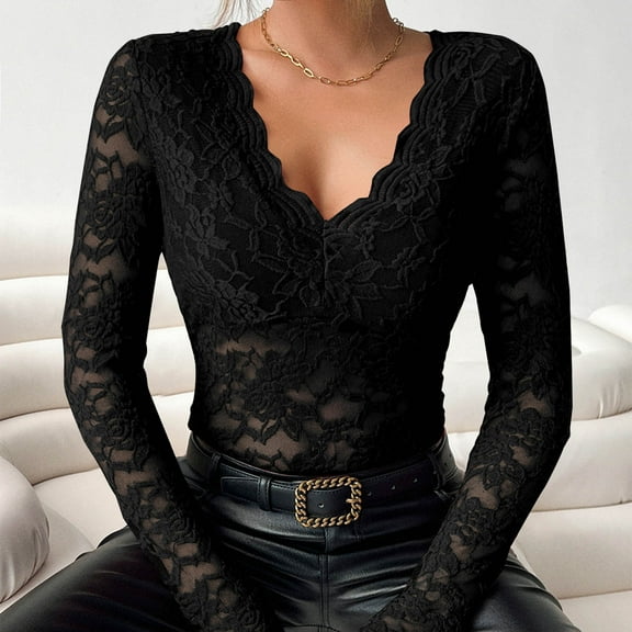 Ayolanni Long Sleeve Womens Trendy Tops V-Neck Lace Black Pullover Solid Blouses Womens Blouses L