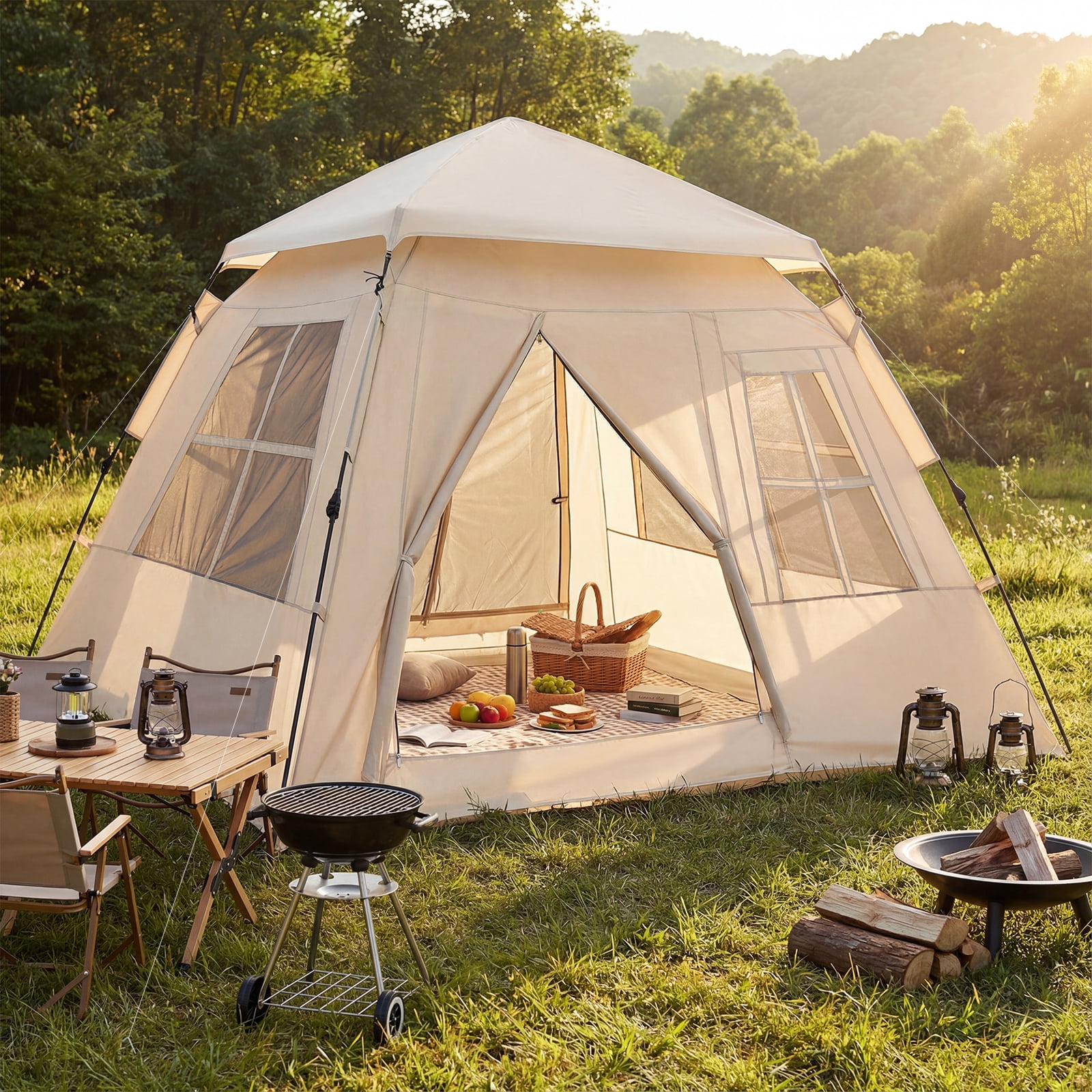 Gymax 4 Person Camping Tent w/Rainfly Mesh Windows 2 Doors & Carrying Bag for Hiking