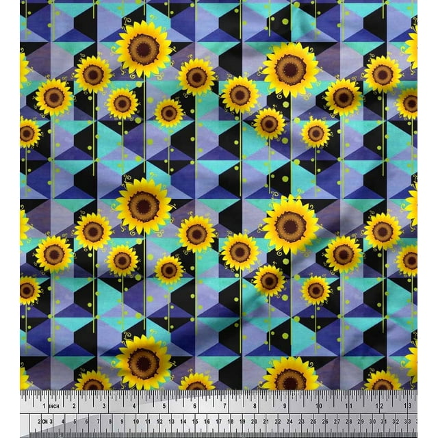 Soimoi Modal Satin Fabric Check,Dot & Sunflower Flower Printed Fabric 1 Yard 42 Inch Wide