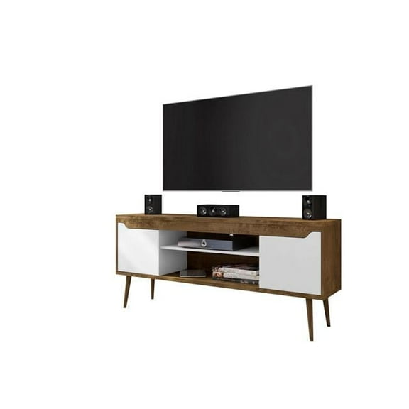 Bradley TV Stand Rustic Brown & White with 2 Media Shelves & 2 Storage Shelves in Rustic Brown & White with Solid Wood Legs, 26.57 x 62.99 x 14.17 in.
