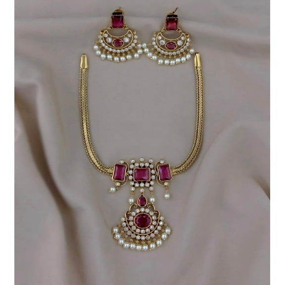 South Indian Bollywood Gold-Plated Kemp Short Necklace Set – Ruby & White CZ Stones with Pearl Earrings Pakistani Traditional Bridal Jewelry