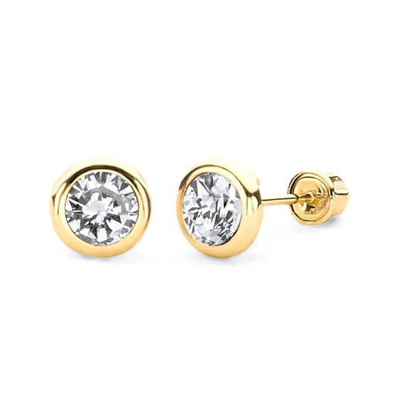 14k REAL Yellow Gold 5mm White Round Bezel Stud Earrings with Screw Back