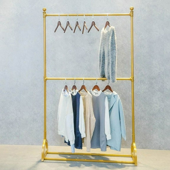 2 Tiers Garment Rack Heavy Duty Metal Free-Standing Clothing Rack Closet Organizer Gold