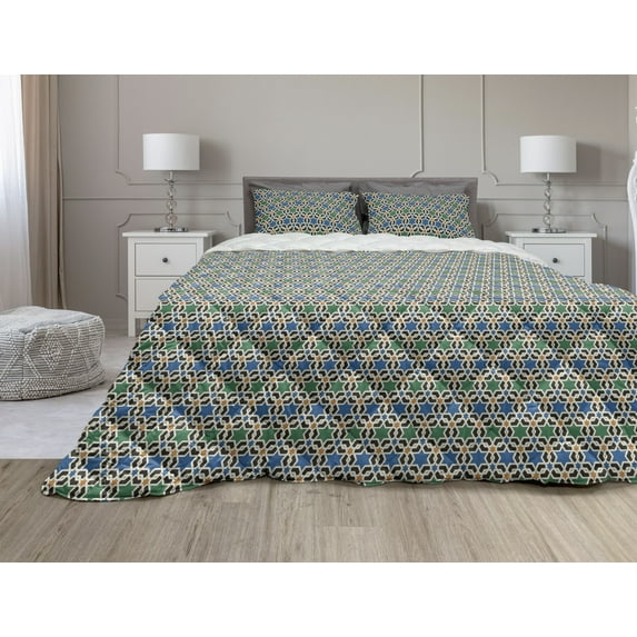 Moroccan Comforter & Sham Bedding Set, Geometric Hexagonal Pattern Stars Style Eastern Zellige Art, 3 pcs Duvet Set Microfiber Filling Quilt, 5 Sizes, Green Blue Black, by Ambesonne