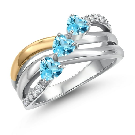 Gem Stone King 925 Silver and 10K Yellow Gold Swiss Blue Topaz and Lab Grown Diamond Engagement Ring for Women | 1.08 Cttw | Heart Shape Gemstone November Birthstone | Size 7