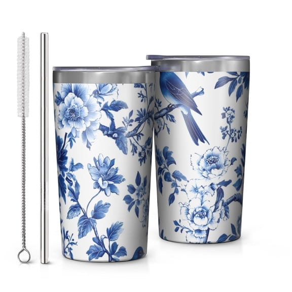 Blue Pioneer Flower and Bird 10oz Tumblers Stainless Steel Tumbler with Lid and Straw,Vacuum Insulated Double Wall Travel Tumbler Cups with Cleaning Brush for Coffee, Tea