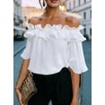 thumbnail image 4 of Women's Off Shoulder Ruffle Trendy Short Sleeve Blouse Casual Outfits Layered Tops White XXL, 4 of 6