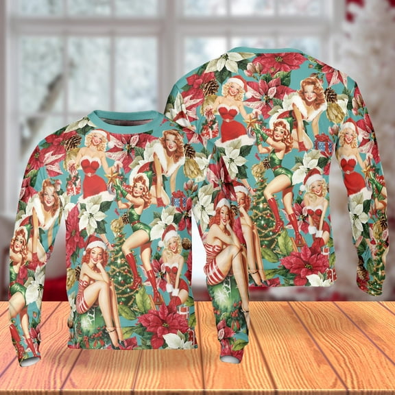 Vintage Pin Up Christmas Sweatshirt, Retro Holiday Crewneck, 1950s Festive Girls in Red and Green, Poinsettia Floral Christmas Pullover for Men Women