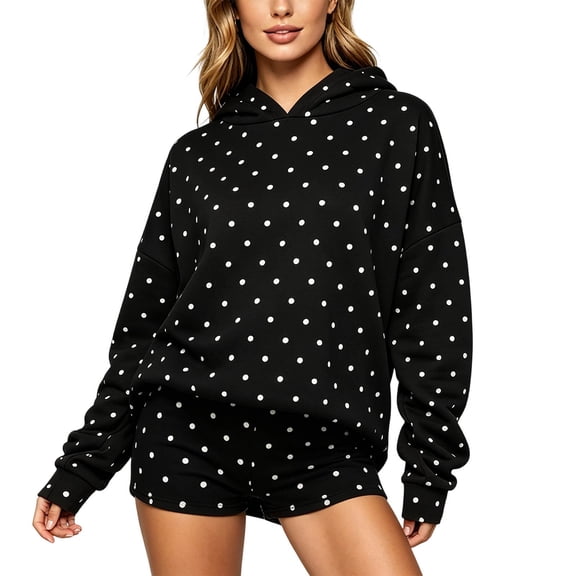WAYUTE Shorts Sets for Women Polka Dot Print Long Sleeve Hoodies and Shorts Casual 2 Piece Outfit Summer Outdoor Daily Wear Clothing Sets