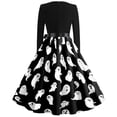 thumbnail image 5 of Halloween Dresses for Women Bone Hepburn V-Neck Fashion Dresses Witch Hat Printed Long Sleeve Classic Tea Length Dress with Belt M, 5 of 5