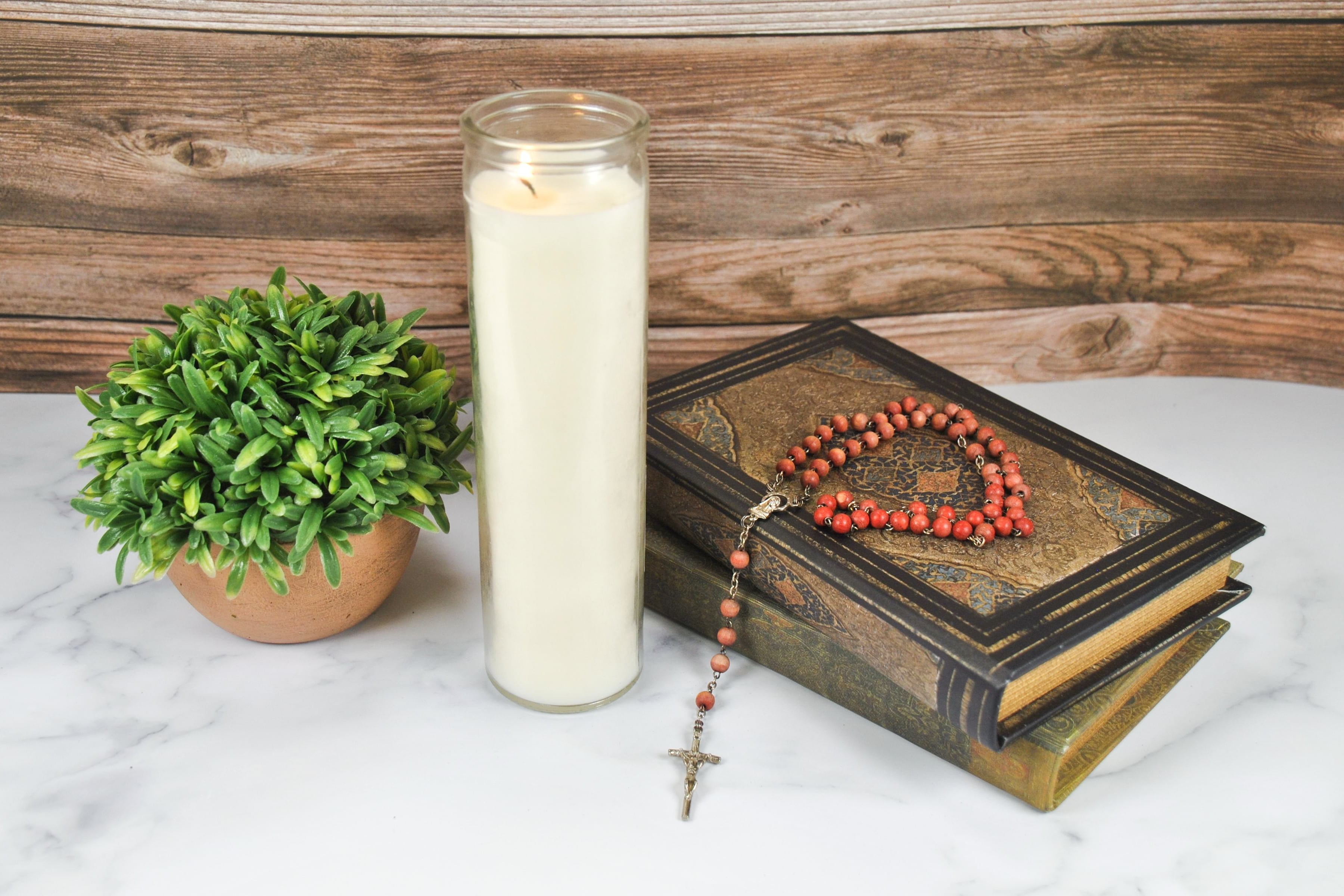 Prayer Candle Clear Glass White Wax, 8 Inch