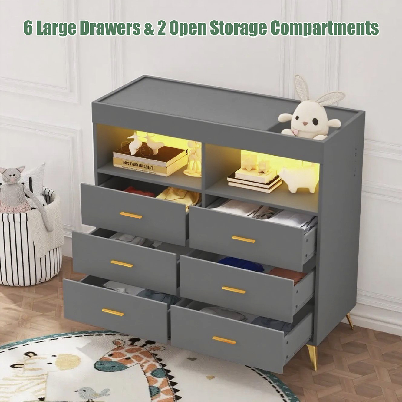 6 Drawer Dresser with LED Lights and Charging Station, Baby Changing Table with Storage, 43 Inches for Nursery Bedroom