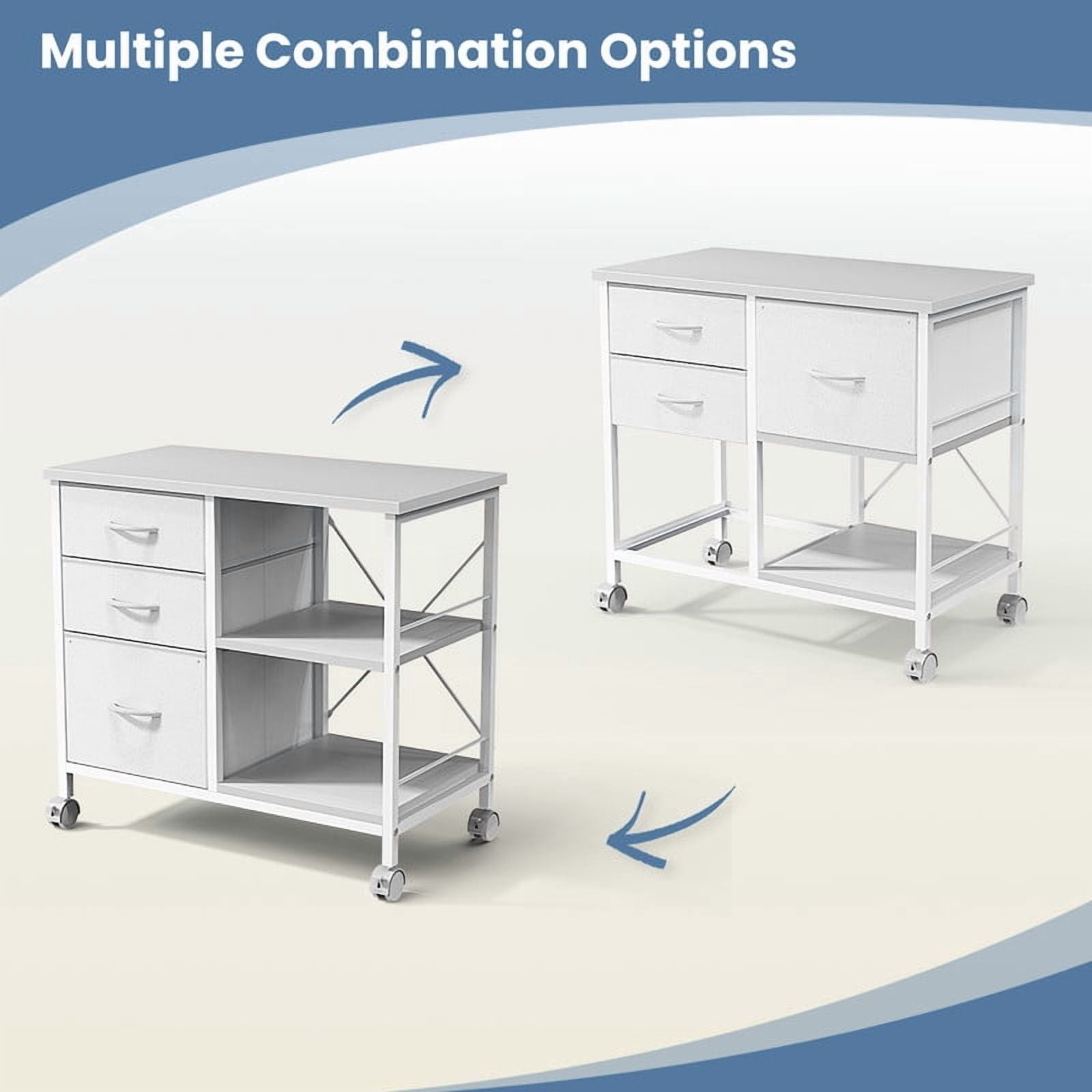 Kelno Rolling File Cabinet with Adjustable Shelf 3 Fabric Drawers Lockable Wheels, White