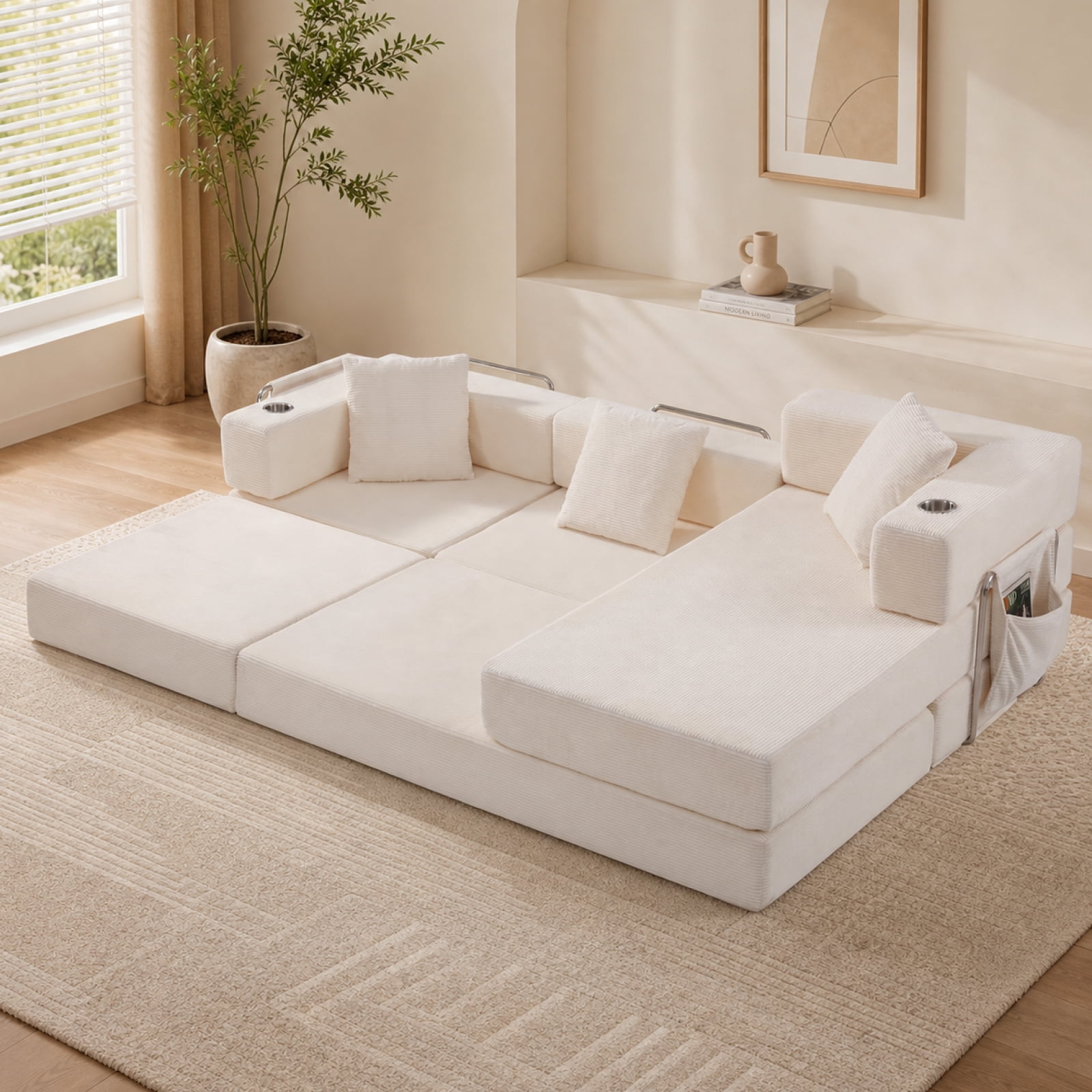 Garitin Sectional Sofa and Modular L Shape Cloud Couch 108 Inch, Boneless Deep Seat Corduroy Living Room Furniture, White