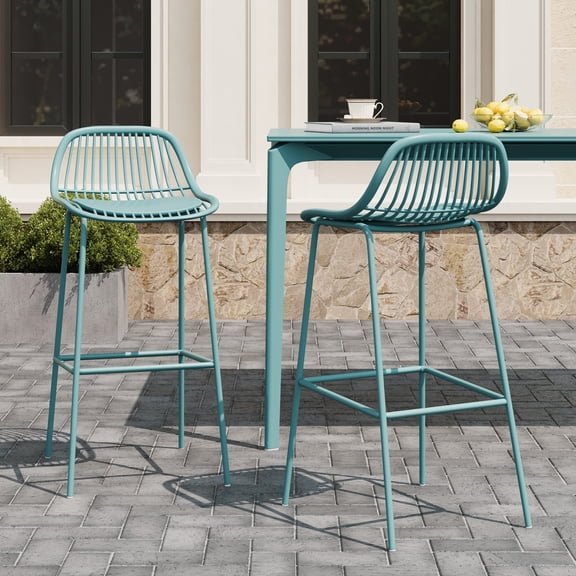 Christopher Knight Home 38"H Modern Outdoor Patio Barstools Set of 2, Plastic Iron Frame, Sky Blue