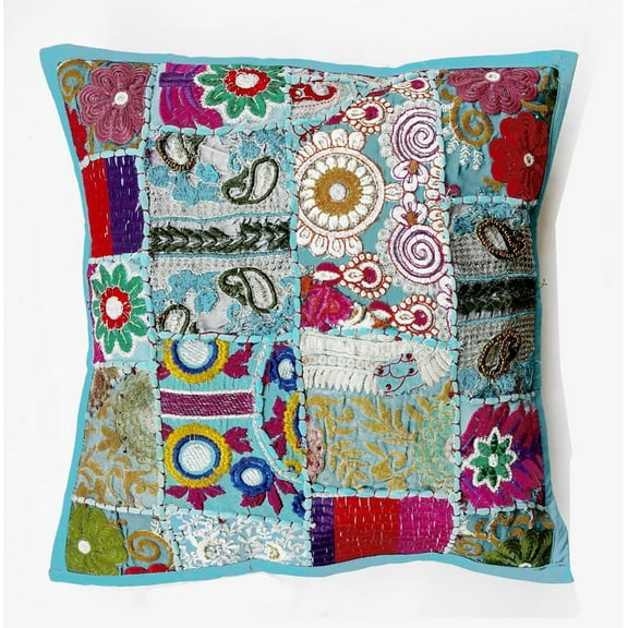 Rastogi Handicrafts Handmade Patchwork Cushion Pillow, Sari Patch Throw Pillow Indian Ethnic Pillow Covers Embroidered Sari Patchwork Cushion Cover (Sky Blue)
